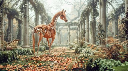 Surreal Animal Skeleton in Autumn Forest: Mysterious, Artistic Representation