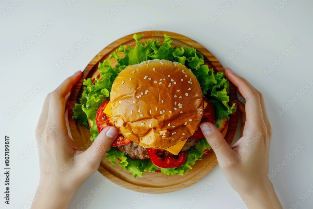 Poster bird s eye view of a half of a mouthwatering classic burger with assorted meats cheese and veggies o