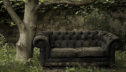 Black couch under tree
