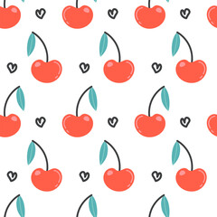 Cherry summer seamless pattern with hearts. Hand-drawn simple background