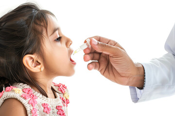 Little girl 5 years old holding head up with open mouth to get drop of medicine, giving by doctor hand. White background. Kid getting polio drops. Child oral vaccination. Baby receiving liquid vaccine