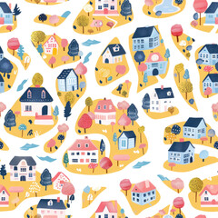 Fototapeta premium Whimsical village map design in soft pastel hues, available as a seamless pattern on a transparent or white background with a PNG cutout and clipping path