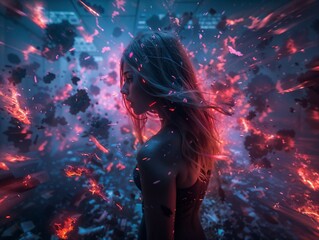 Obraz premium Mysterious Woman in a Surreal Fiery Explosion of Sparks and Embers