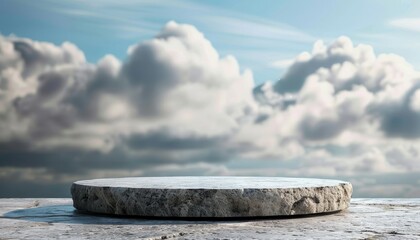 Fototapeta premium Blurred sky background with stone podium table outdoors