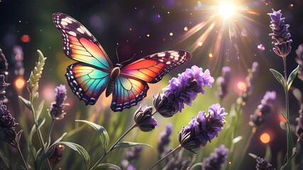 Sunny summer nature background with fly butterfly and lavender flowers with sunlight and bokeh