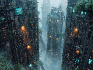 Futuristic Cityscape with Misty Ambiance and Neon Lights