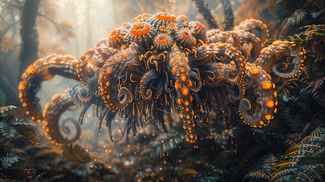 Mystical Glowing Octopus in a Surreal Forest Setting with Lush Ferns