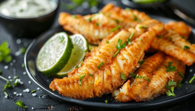 Brazilian tilapia fish strips with lime tartar sauce called isca de peixe Traditional appetizer Crop focus