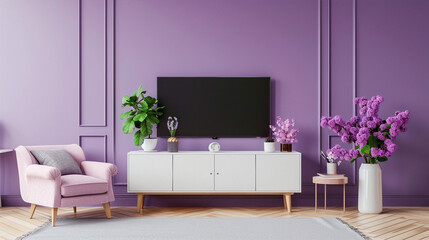 Minimalistic living room interior with lilac walls, a white TV stand, a pink armchair, and purple flowers in a vase, rendered in 3D.