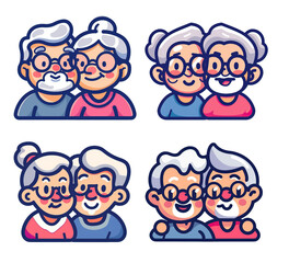 Fototapeta premium Sets of adorable elderly couples smiling, perfect for Grandparents Day graphics, on a transparent PNG background