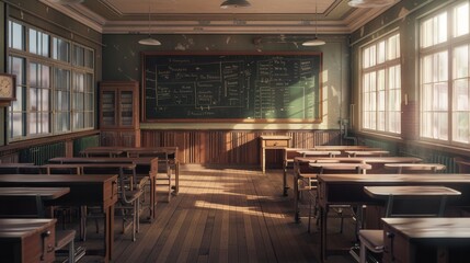 Naklejka premium Sunlit Traditional Classroom with Desks and Chalkboard