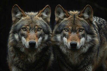 Two wolves in the forest on a dark background, close-up
