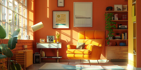 Retro styled living room interior with orange walls and a large yellow armchair
