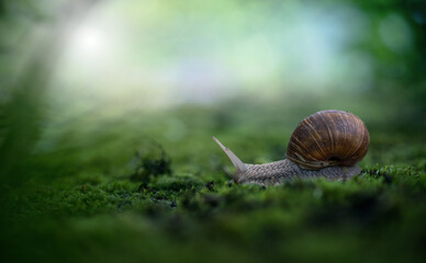 Big Roman snail (Helix pomatia) crawling on the moss in the rainy forest. Shallow depth of field.