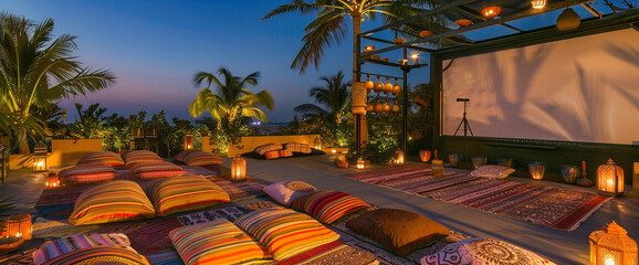 Naklejka premium pillows and carpets in the colors of the sunset are arranged on the floor of a terrace decorated with Moroccan lanterns, in front of a screen for an outdoor movie night.