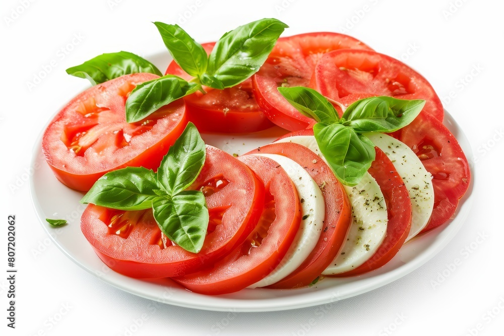 Wall mural caprese salad with basil on plate and white backdrop - Wall murals
