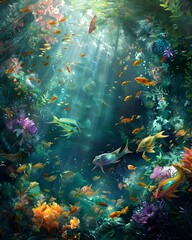 Whimsical Underwater Realm Teeming with Curious and Vibrant Marine Creatures in a Dreamlike Impressionistic Seascape