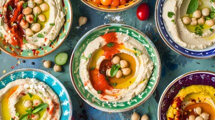 Hummus chickpea bowl spread. Middle Eastern food and cuisine concept. Top view.