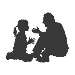 Silhouette elderly man and little girl were sitting while talking black color only