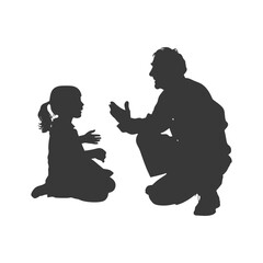 Silhouette elderly man and little girl were sitting while talking black color only