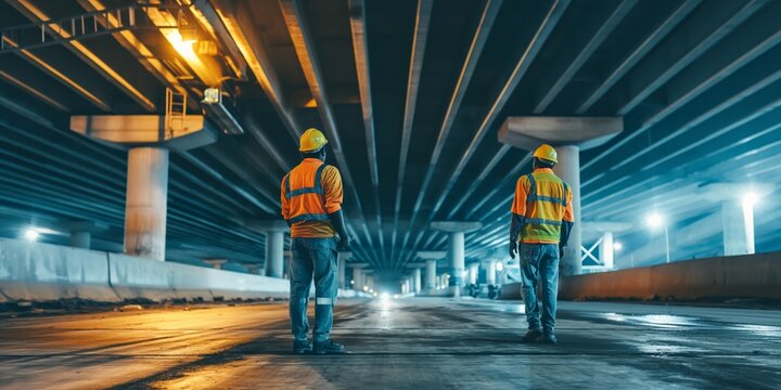 Two construction workers in safety vests and helmets discussing plans under an illuminated bridge at night