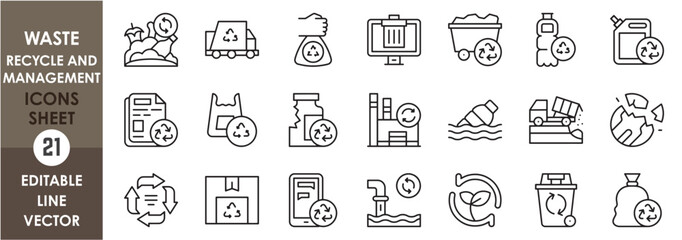 Linear icons sheet related to waste management. Waste reuse, recycle and reduce outline icons set.