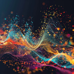 Colorful 3D rendering of a flowing energy grid with glowing particles.