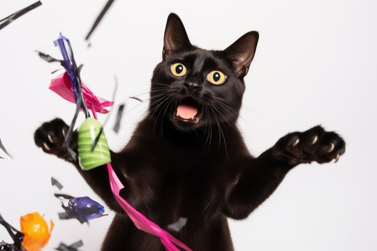 Medium shot portrait photography of a happy bombay cat batting objects isolated on white background