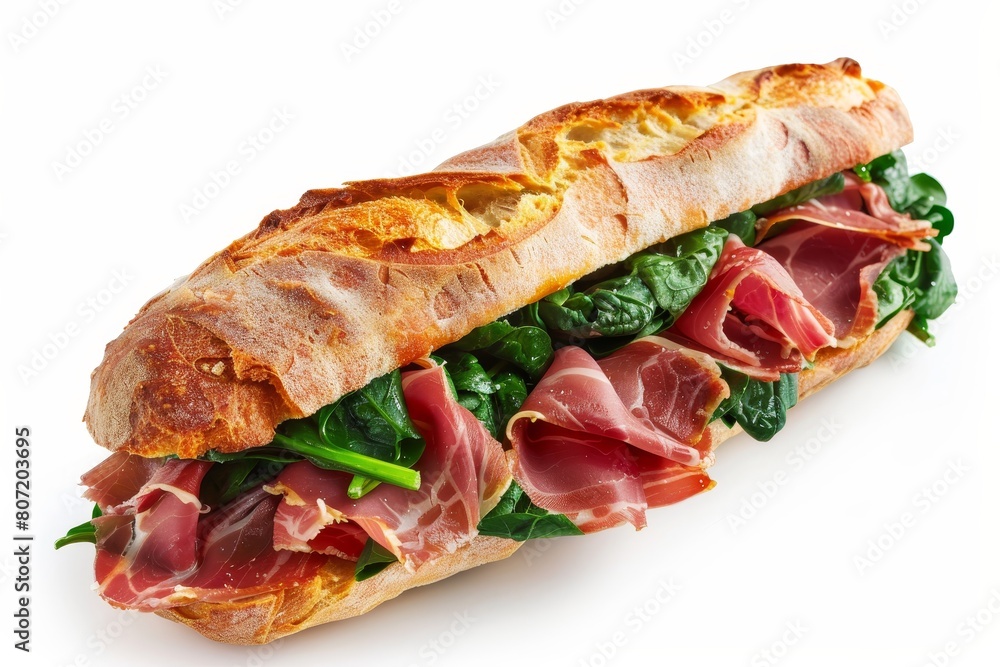 Sticker ciabatta sandwich with spinach and jamon serrano on white background