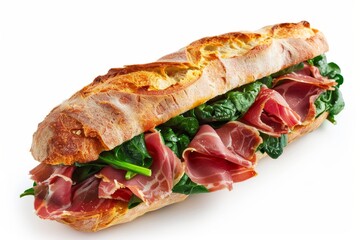 Ciabatta sandwich with spinach and Jamon Serrano on white background
