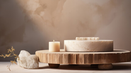 A wooden table with a candle and a crystal on it. The table is in front of a beige background.