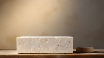 A large block of white cheese on a wooden table.