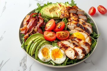 Classic American Cobb salad on marble background with grilled chicken avocado egg bacon Healthy Keto option Copy space