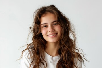Portrait of young beautiful cute cheerful girl smiling looking at camera over white background.