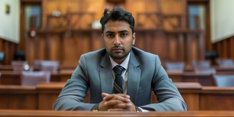 Man in a suit seated solemnly in a courtroom signifies authority and justice