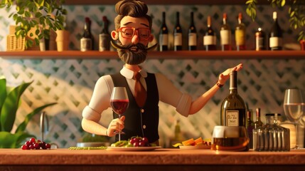 Cartoon digital avatar of a wine sommelier with a friendly smile, recommending different wine pairings for a specific dish.
