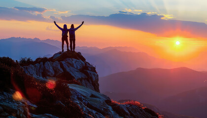 Silhouette photograph of two hikers raising their arms in victory and camaraderie on the top of the mountain with the sunset in the background.