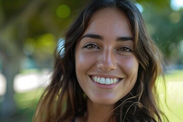 Woman smiling with perfect smile and white teeth in a park and looking at camera