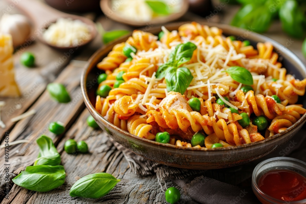 Poster classic pasta dish with chicken peas and cheese on wood focus on food