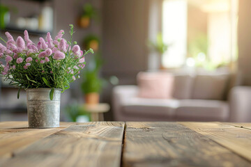 Still life photography of a rustic table with a metal vase of purple flowers in front of a blurry living room with a couch and a window