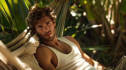 Relaxed Young Man Lounging in Hammock Surrounded by Tropical Plants
