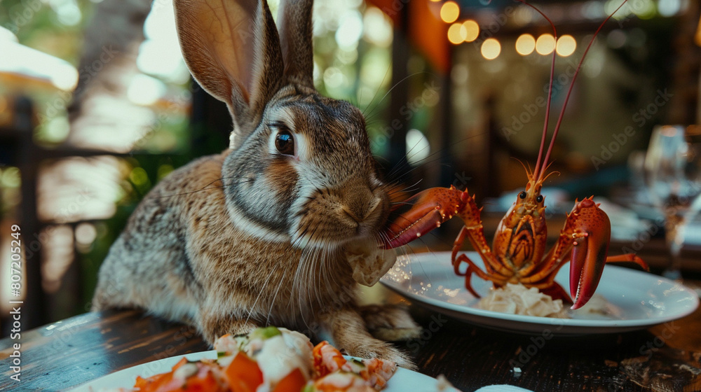 Wall mural Rabbit eating lobster at a restaurant