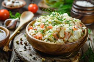 Classic Russian Olivier salad on vintage wooden background Traditional cuisine rustic design