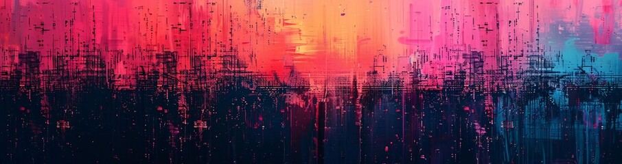 Abstract Art Painting with Vibrant Pink and Blue Vertical Streaks
