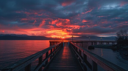 Sunset over the ocean with a pier, dramatic sky and reflections.