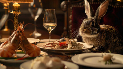 Fototapeta premium Rabbit eating seafood at a fancy restaurant
