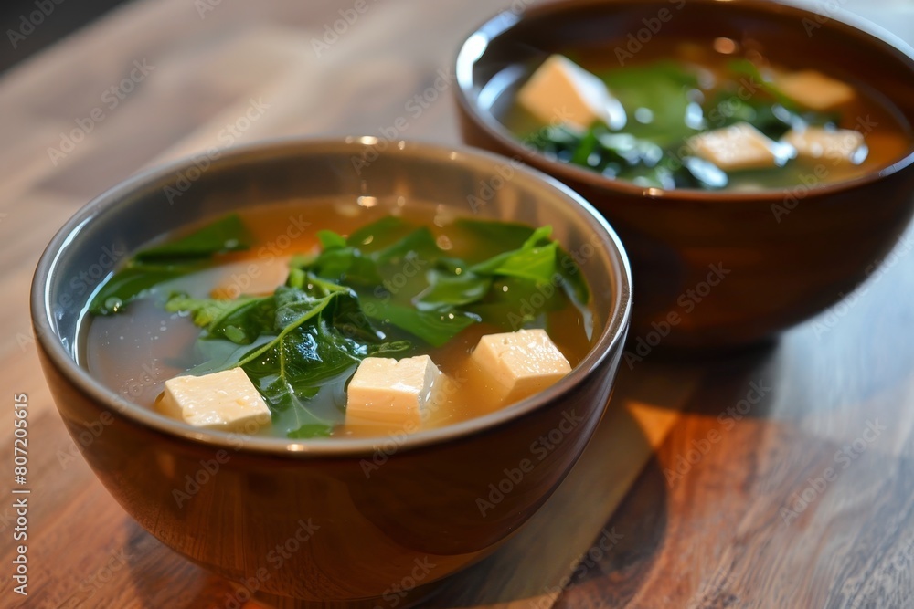 Poster Classic vegan protein miso soup with tofu and miso sauce