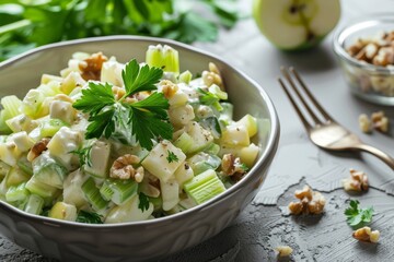 Classic Waldorf salad with celery apple walnuts and yogurt dressing on white background