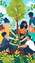 Multiethnic group planting tree together. Vertical poster