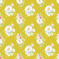 Watercolor peony seamless pattern, spring flowers green clipart, leaves. , mustard, scrapbooking,wallpaper,wrapping, gift,paper, for clothes, children textile,digital paper, floral drop, pattern